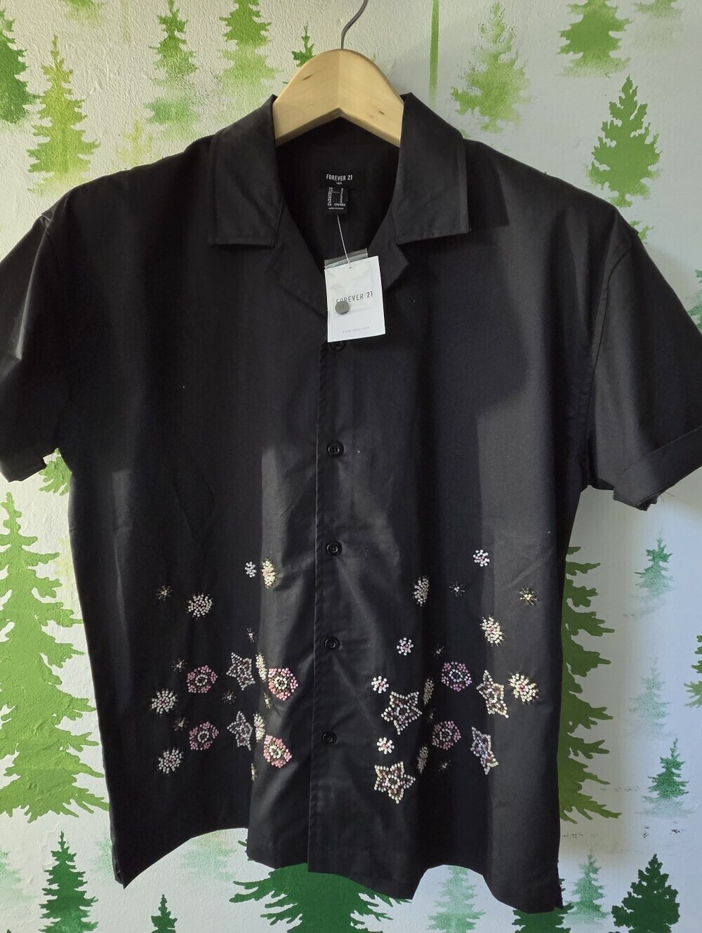 Forever 21 Black Short-Sleeve Button-Down Beaded Shirt